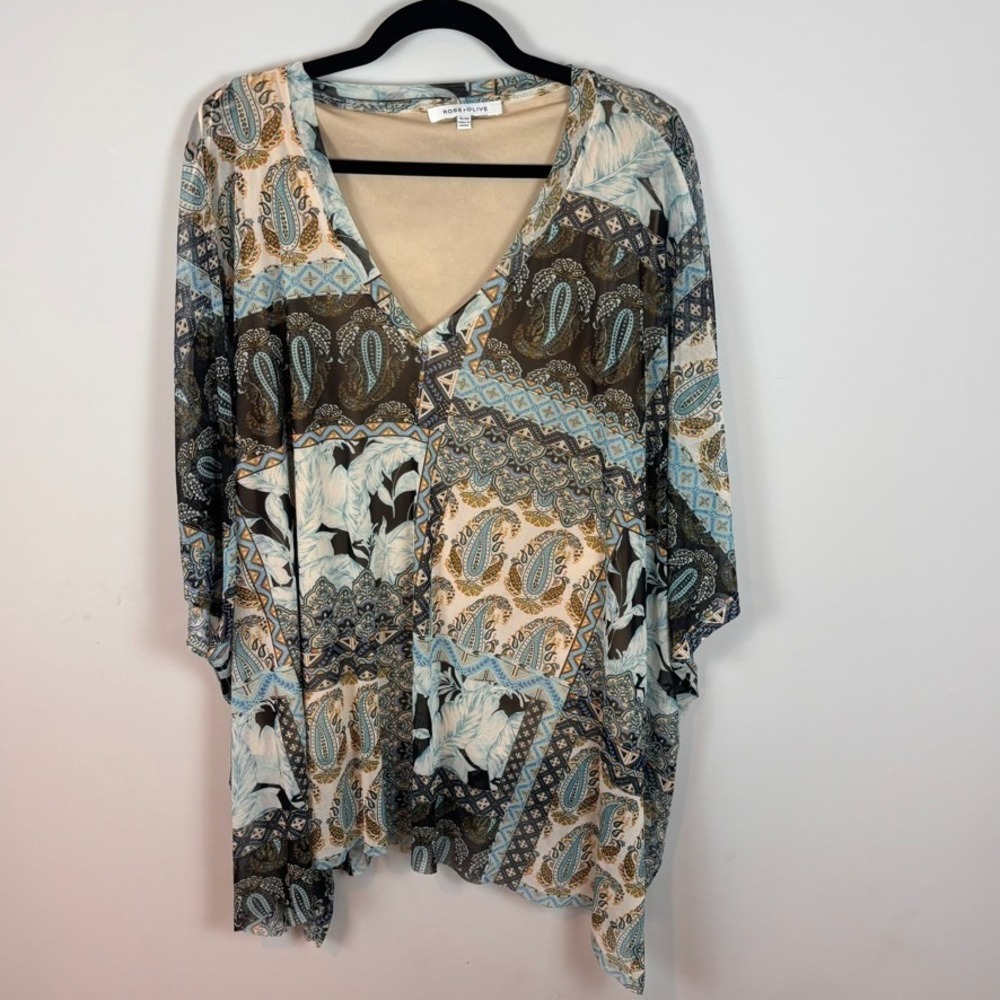 Rose & Olive Womens Blue Paisley Patchwork lined V-Neck Stretch Blouse sz 1X/2X